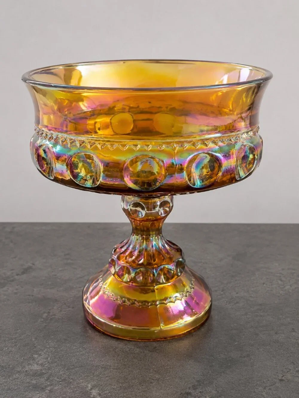 Indiana Glass Kings Crown Carnival Glass Iridescent Pedestal Candy Compote 5.25